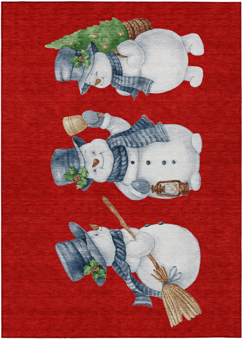 Red Denim Blue And Ivory Snowmen Washable Indoor Outdoor Area Rug Photo 2