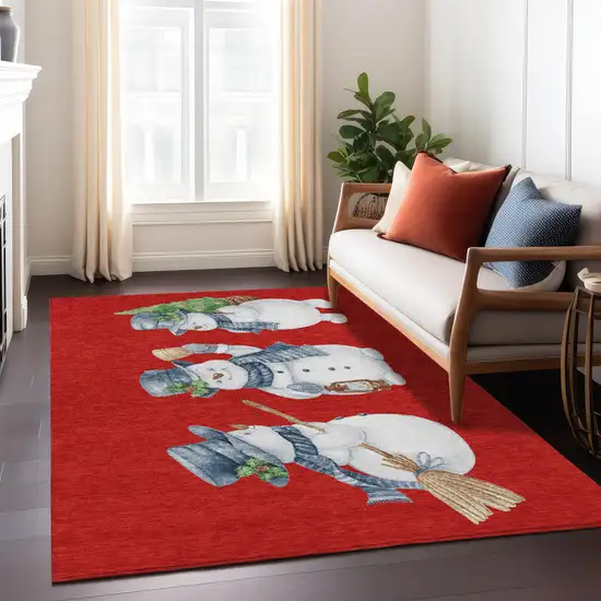 Red Denim Blue And Ivory Snowmen Washable Indoor Outdoor Area Rug Photo 7