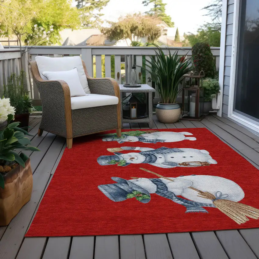 Red Denim Blue And Ivory Botanical Leaves Washable Indoor Outdoor Area Rug Photo 8