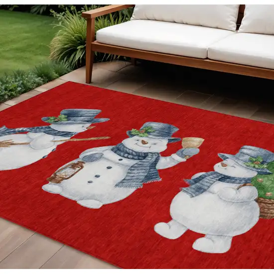 Red Denim Blue And Ivory Snowmen Washable Indoor Outdoor Area Rug Photo 1