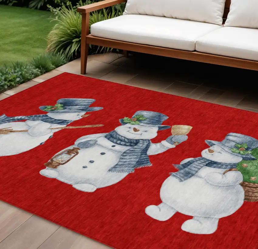 Red Denim Blue And Ivory Snowmen Washable Indoor Outdoor Area Rug Photo 1