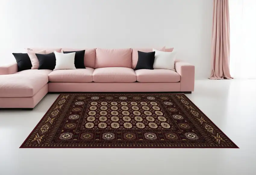 Red and Ivory Floral Medallion Power Loom Area Rug Photo 1