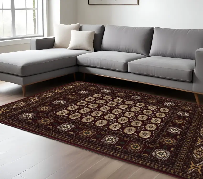 Red and Ivory Floral Medallion Power Loom Area Rug Photo 1