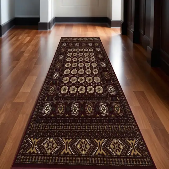 13' Red And Ivory Floral Medallion Runner Rug Photo 2