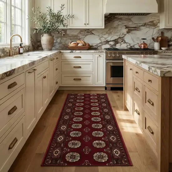 20' Red And Ivory Floral Medallion Runner Rug Photo 5