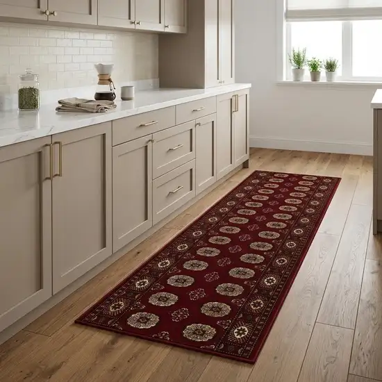 8' Red And Ivory Floral Medallion Runner Rug Photo 1