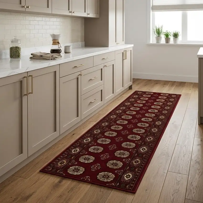 8' Red And Ivory Floral Medallion Runner Rug Photo 1