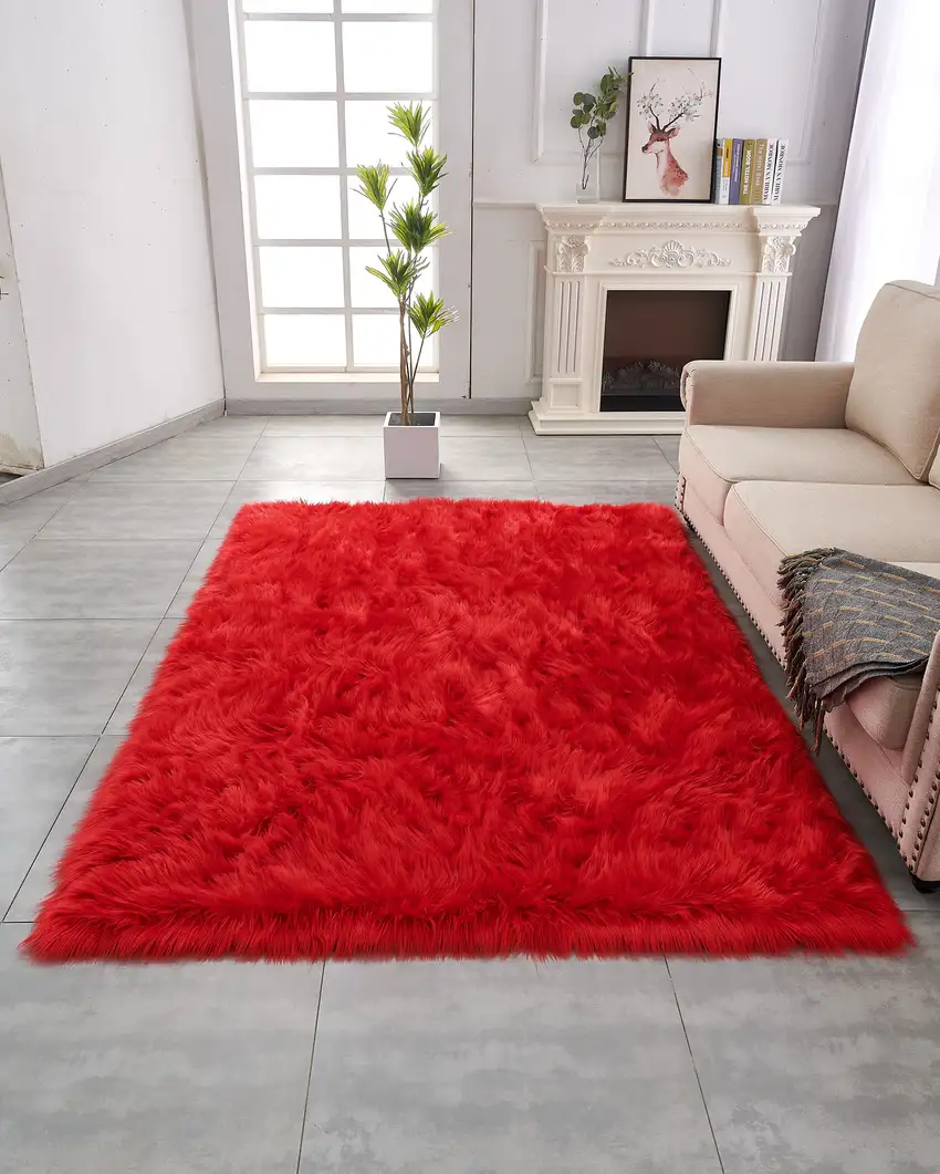 Red Faux Fur Shag Sheepskin Washable Area Rug Photo 8