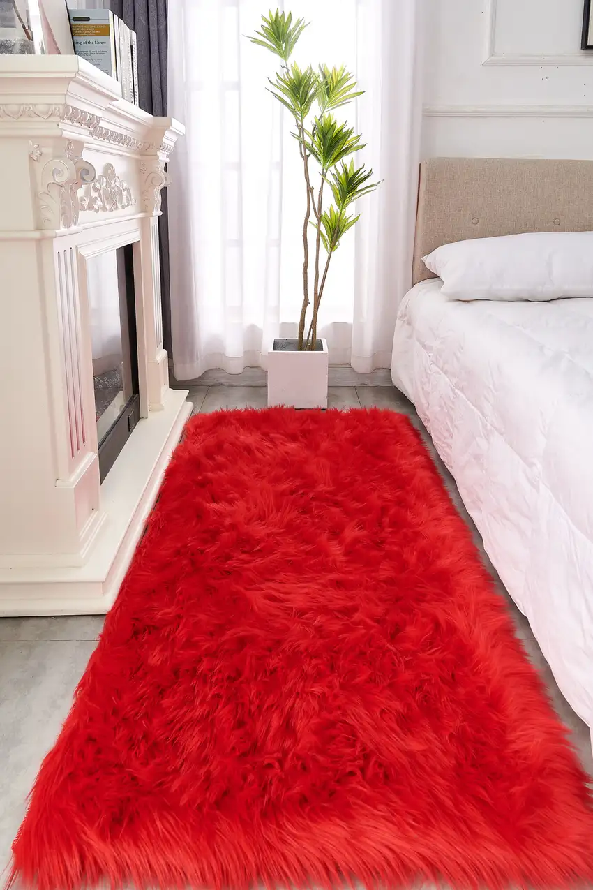 Red Faux Fur Shag Sheepskin Washable Area Rug Photo 9