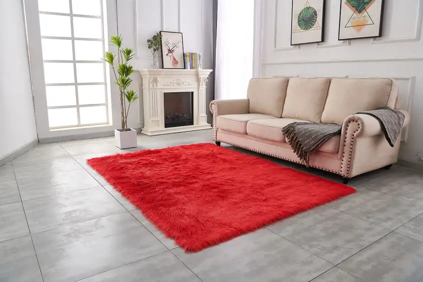 Red Faux Sheepskin Shag Washable Area Rug Photo 7