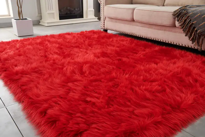 Red Faux Fur Shag Sheepskin Washable Area Rug Photo 7