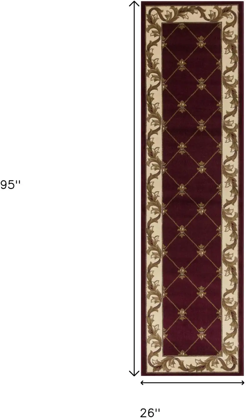 8' Red And Ivory Floral Vines Runner Rug Photo 3