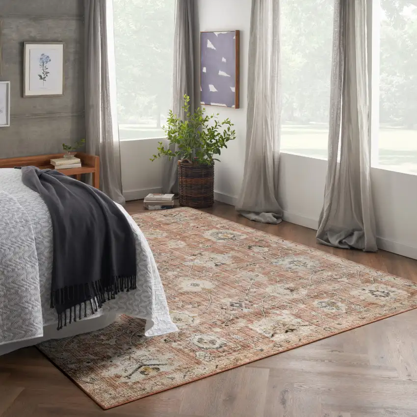 Red Floral Distressed Area Rug Photo 5