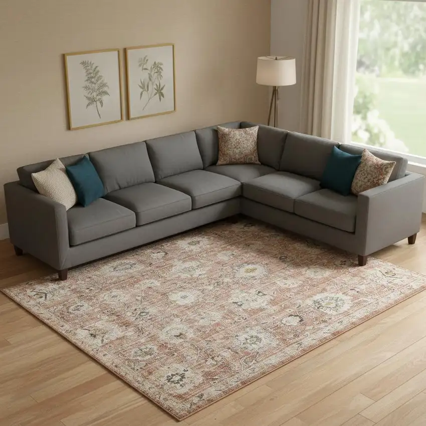 Red Floral Distressed Area Rug Photo 1