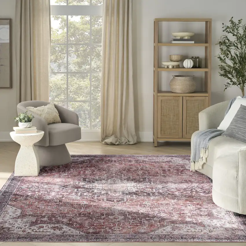 Red Floral Distressed Area Rug Photo 5