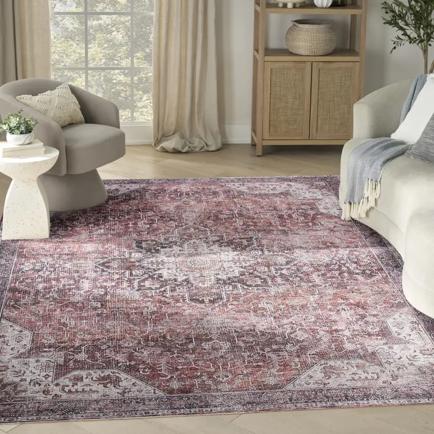 Red Floral Distressed Area Rug Photo 6