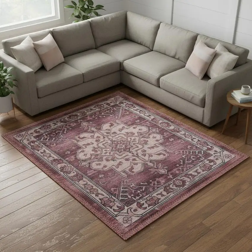 Red Floral Distressed Area Rug Photo 1