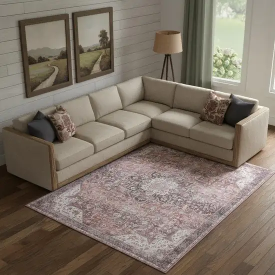 Red Floral Distressed Area Rug Photo 1