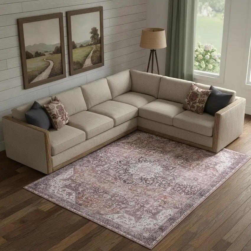 Red Floral Distressed Area Rug Photo 1