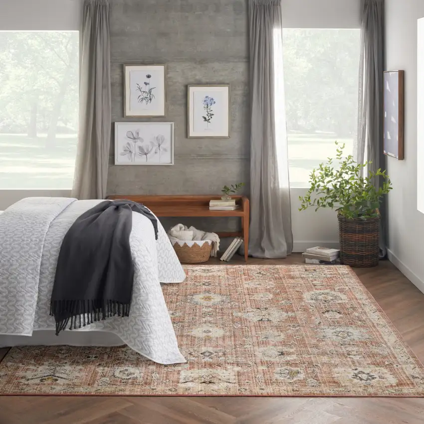 Red Floral Distressed Area Rug Photo 5