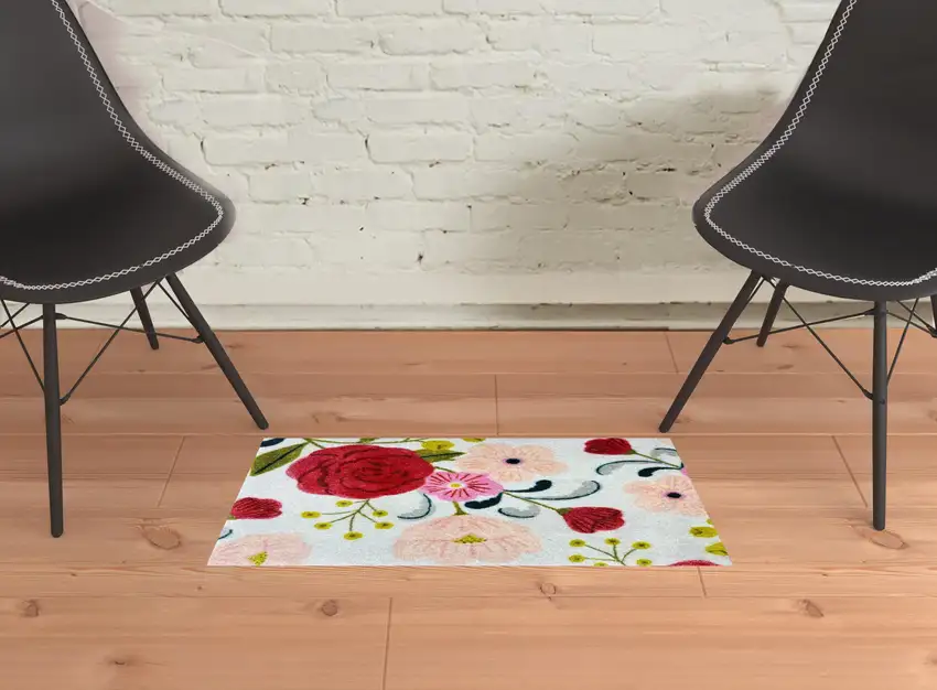 Red Floral Machine Tufted Area Rug With UV Protection Photo 2