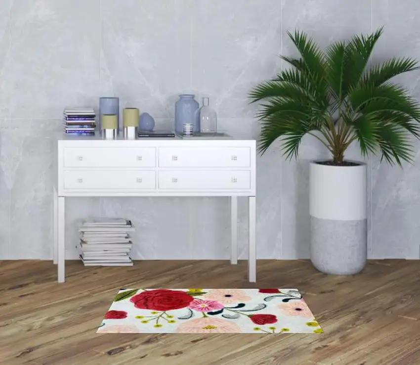 Red Floral Machine Tufted Area Rug With UV Protection Photo 2