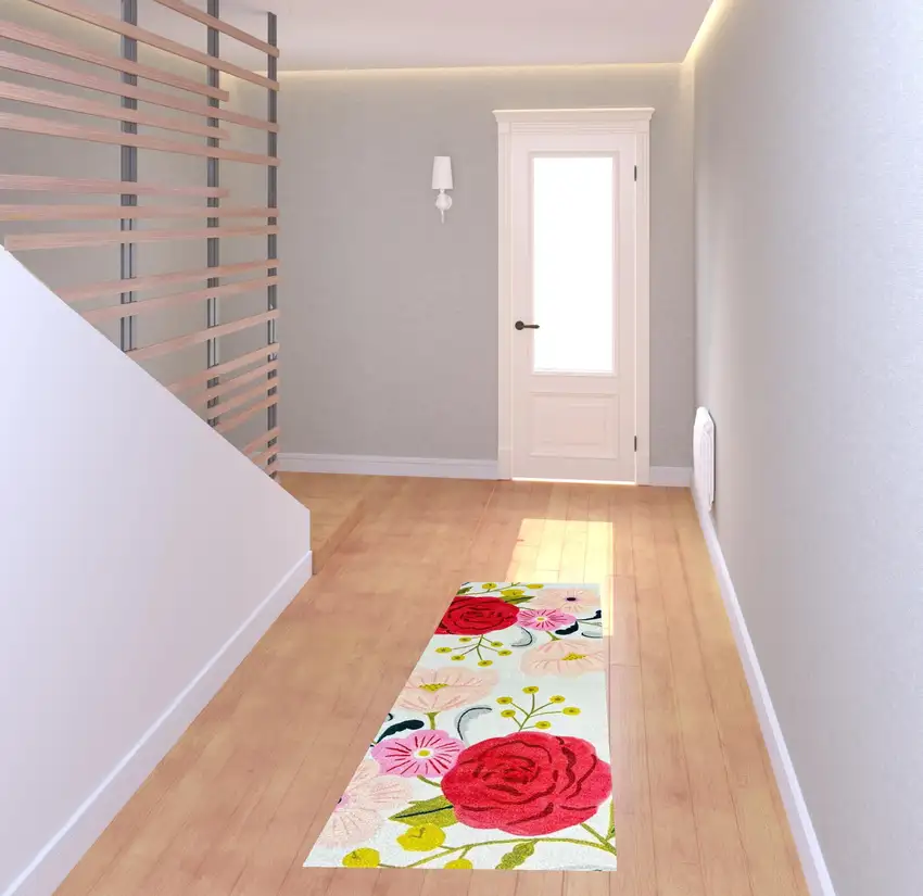 Red Floral Machine Tufted Runner Rug With UV Protection Photo 2