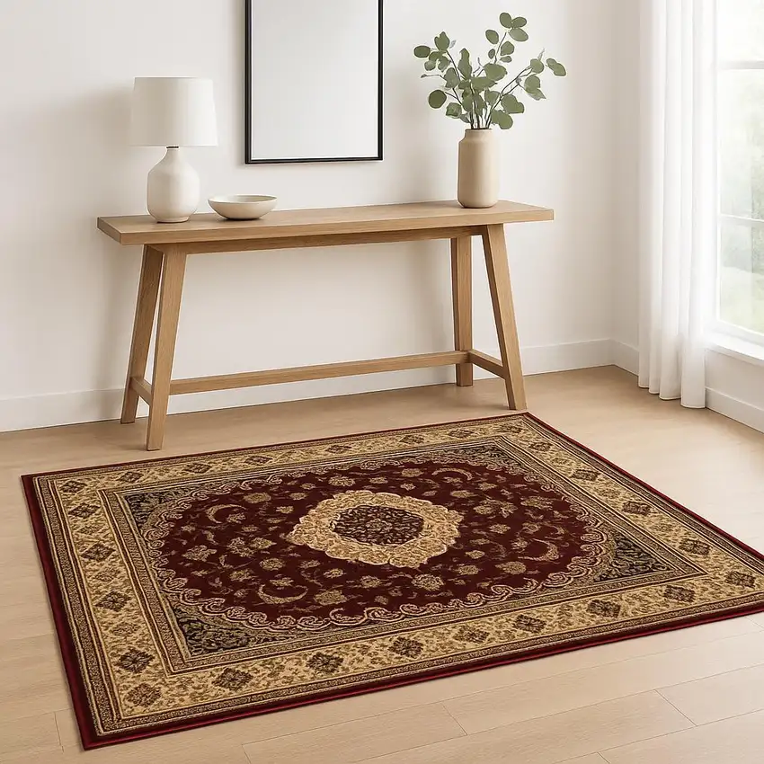 Red and Beige Floral Medallion Power Loom Area Rug Photo 1