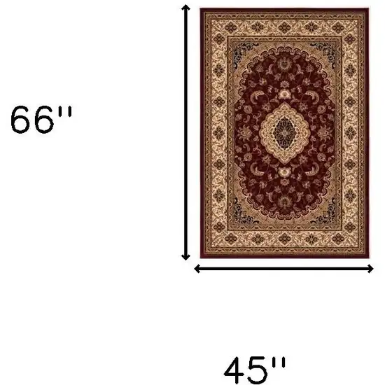 Red and Beige Floral Medallion Power Loom Area Rug Photo 3