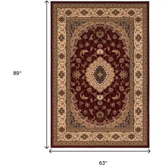 Red and Beige Floral Medallion Power Loom Area Rug Photo 3