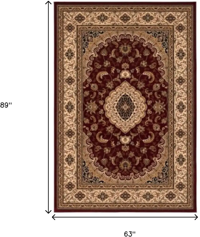 Red and Beige Floral Medallion Power Loom Area Rug Photo 3