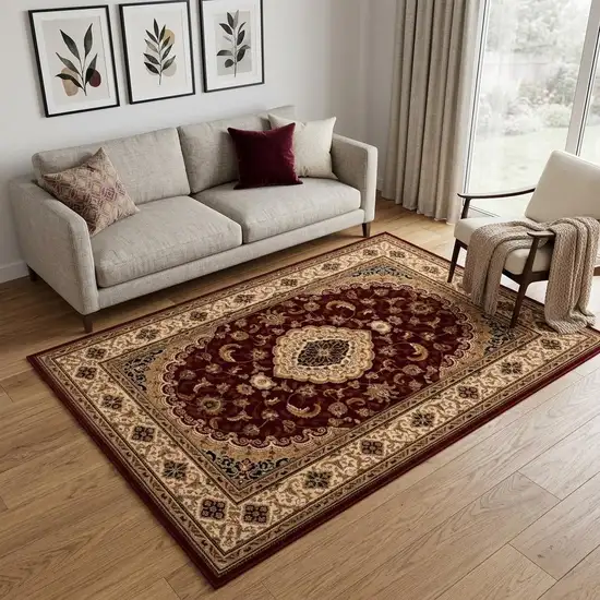 Red and Beige Floral Medallion Power Loom Area Rug Photo 1