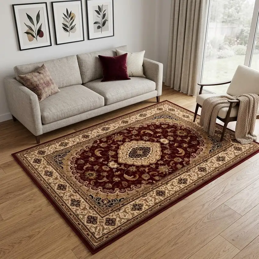 Red and Beige Floral Medallion Power Loom Area Rug Photo 1