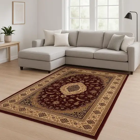 Red and Beige Floral Medallion Power Loom Area Rug Photo 1