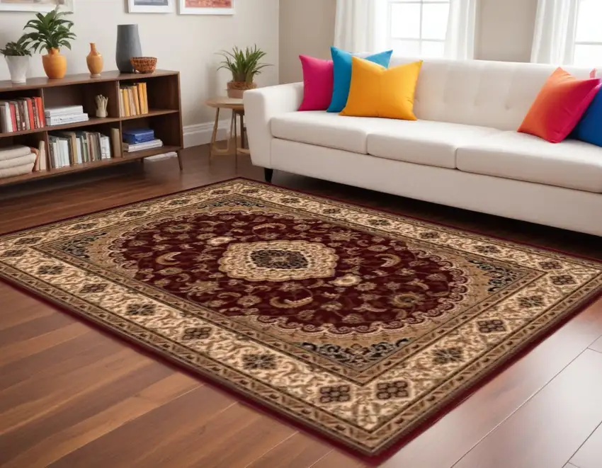 Red and Beige Floral Medallion Power Loom Area Rug Photo 1