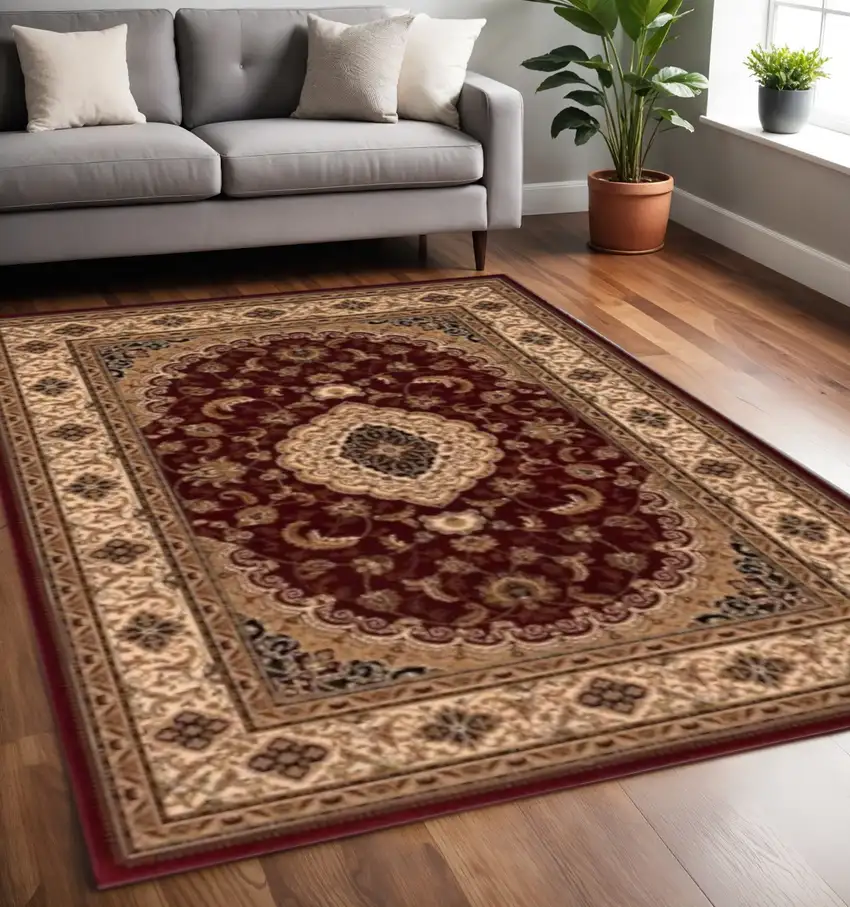Red and Beige Floral Medallion Power Loom Area Rug Photo 1