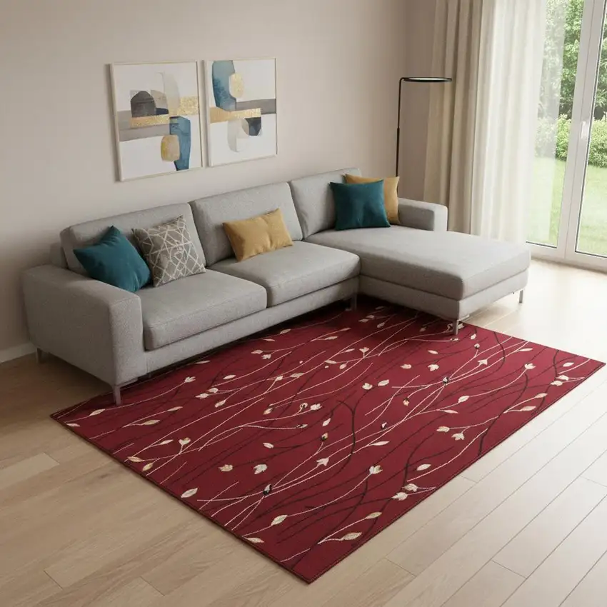 Red Floral Power Loom Area Rug Photo 1