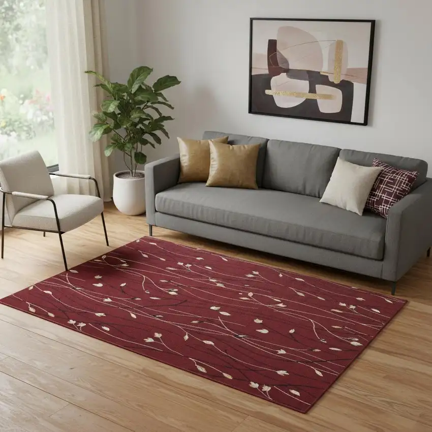 Red Floral Power Loom Area Rug Photo 1