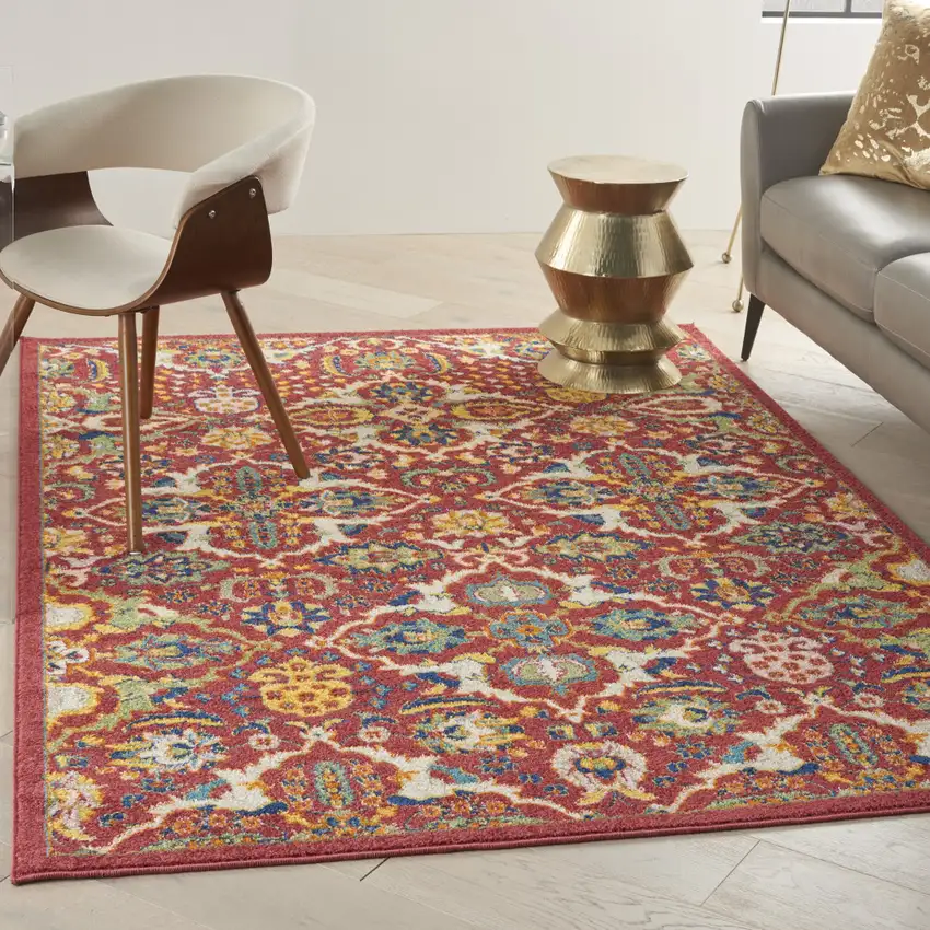 Red Floral Power Loom Area Rug Photo 7
