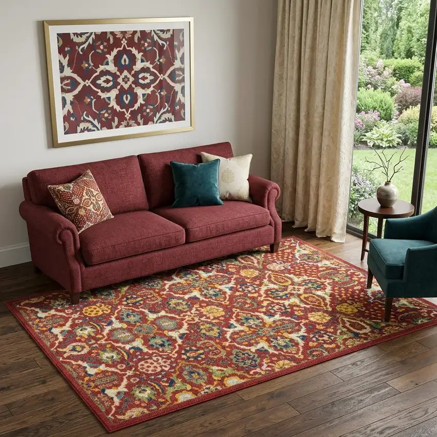 Red Floral Power Loom Area Rug Photo 1