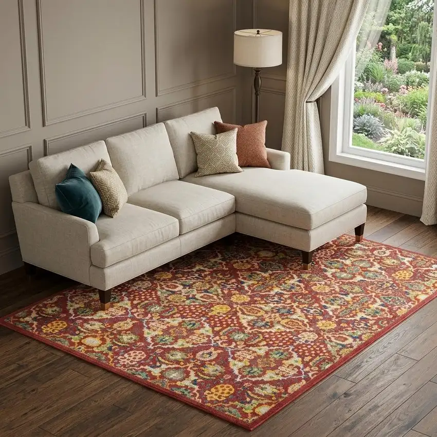 Red Floral Power Loom Area Rug Photo 1