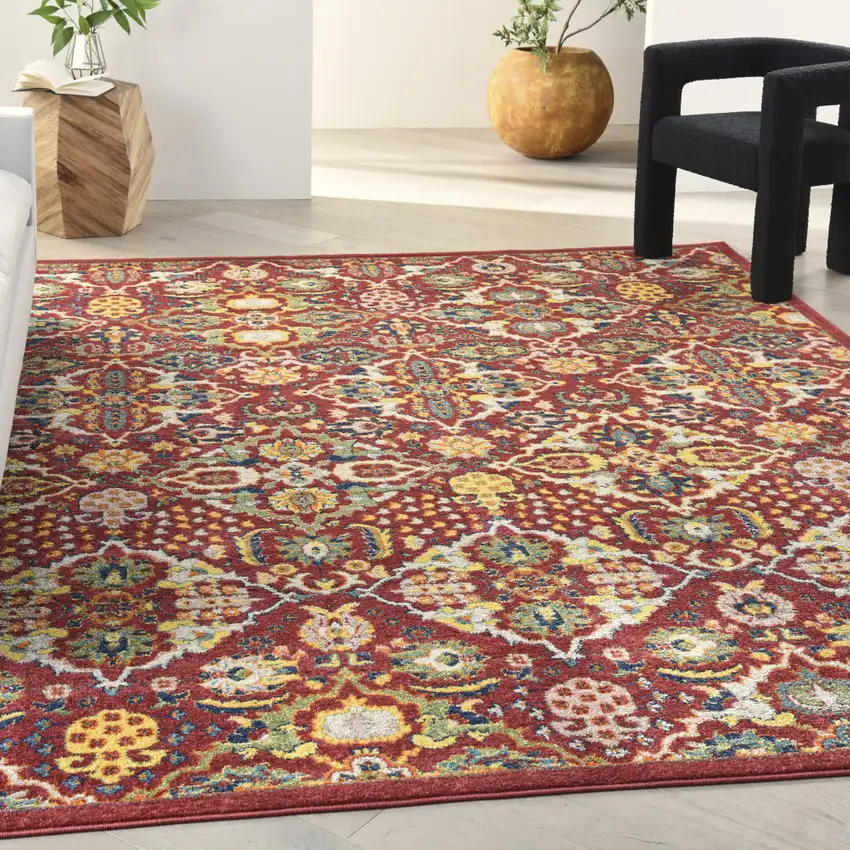 Red Floral Power Loom Area Rug Photo 8