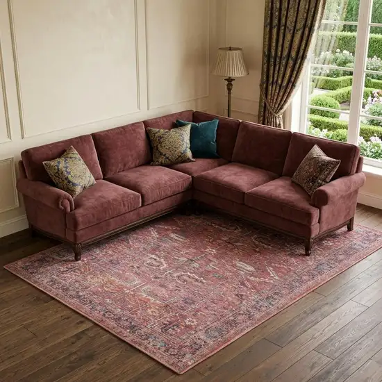 Red Floral Power Loom Distressed Area Rug Photo 1