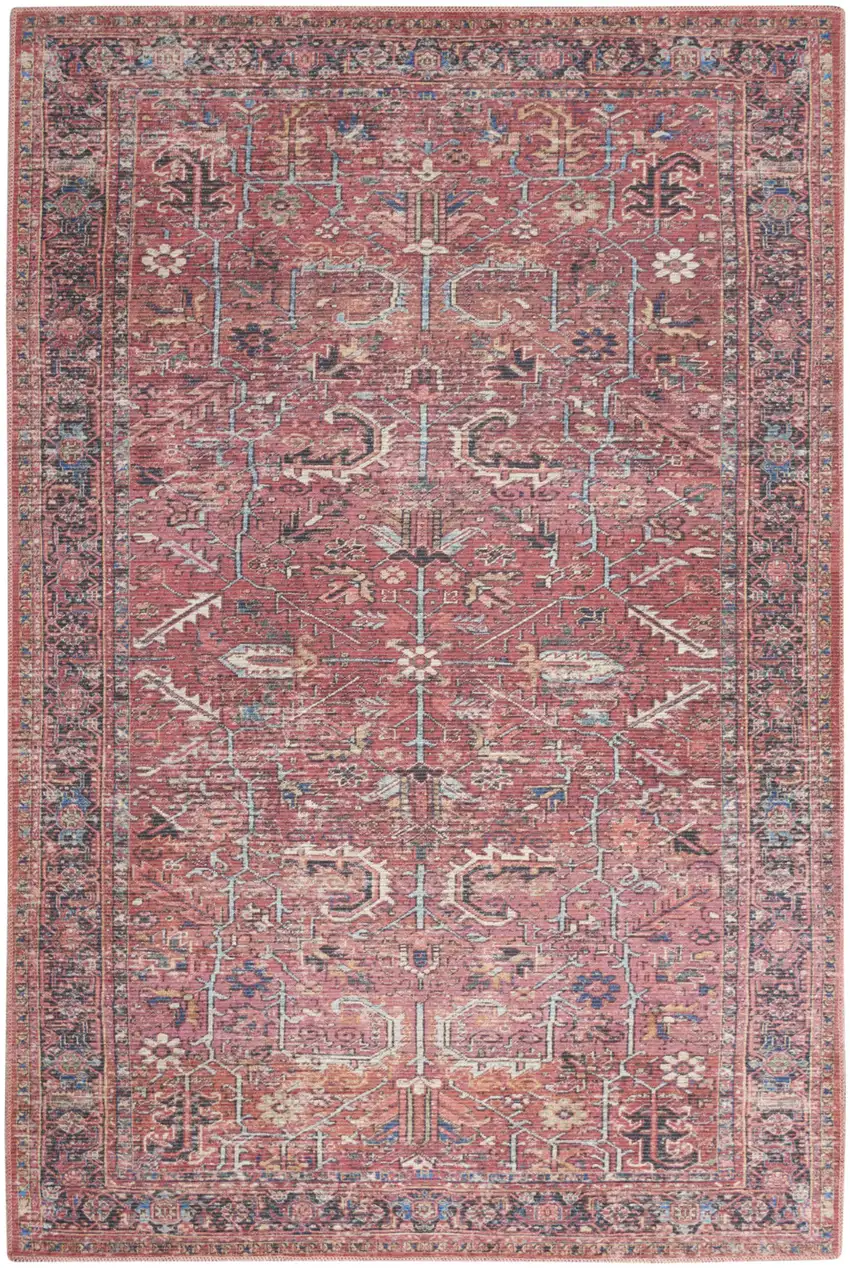 Red Floral Power Loom Distressed Area Rug Photo 2