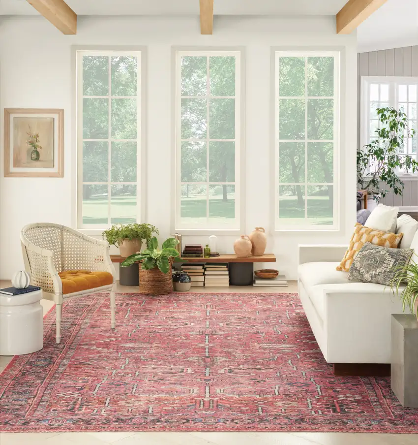 Red Floral Power Loom Distressed Area Rug Photo 6