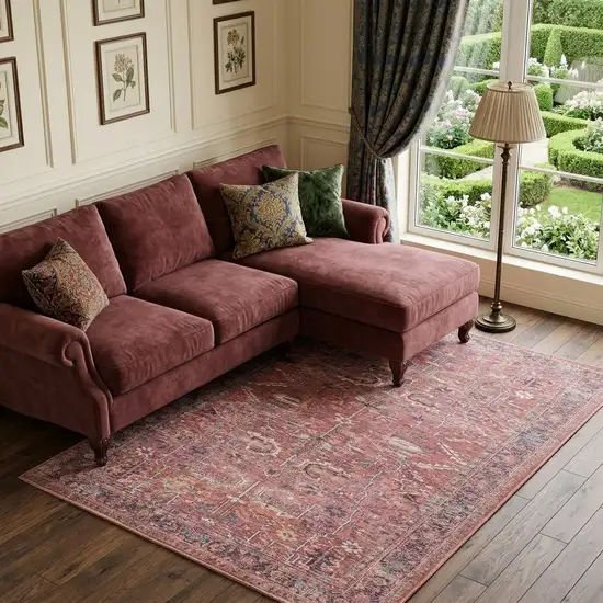 Red Floral Power Loom Distressed Area Rug Photo 1