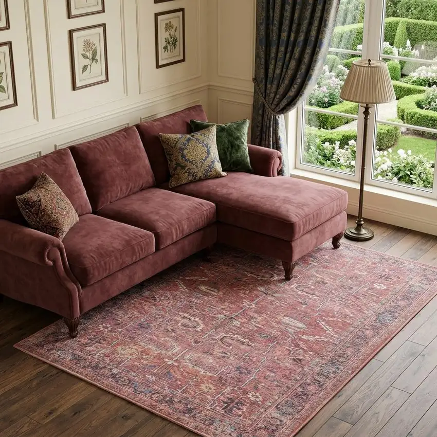 Red Floral Power Loom Distressed Area Rug Photo 1