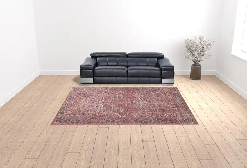 Red Floral Power Loom Distressed Area Rug Photo 2