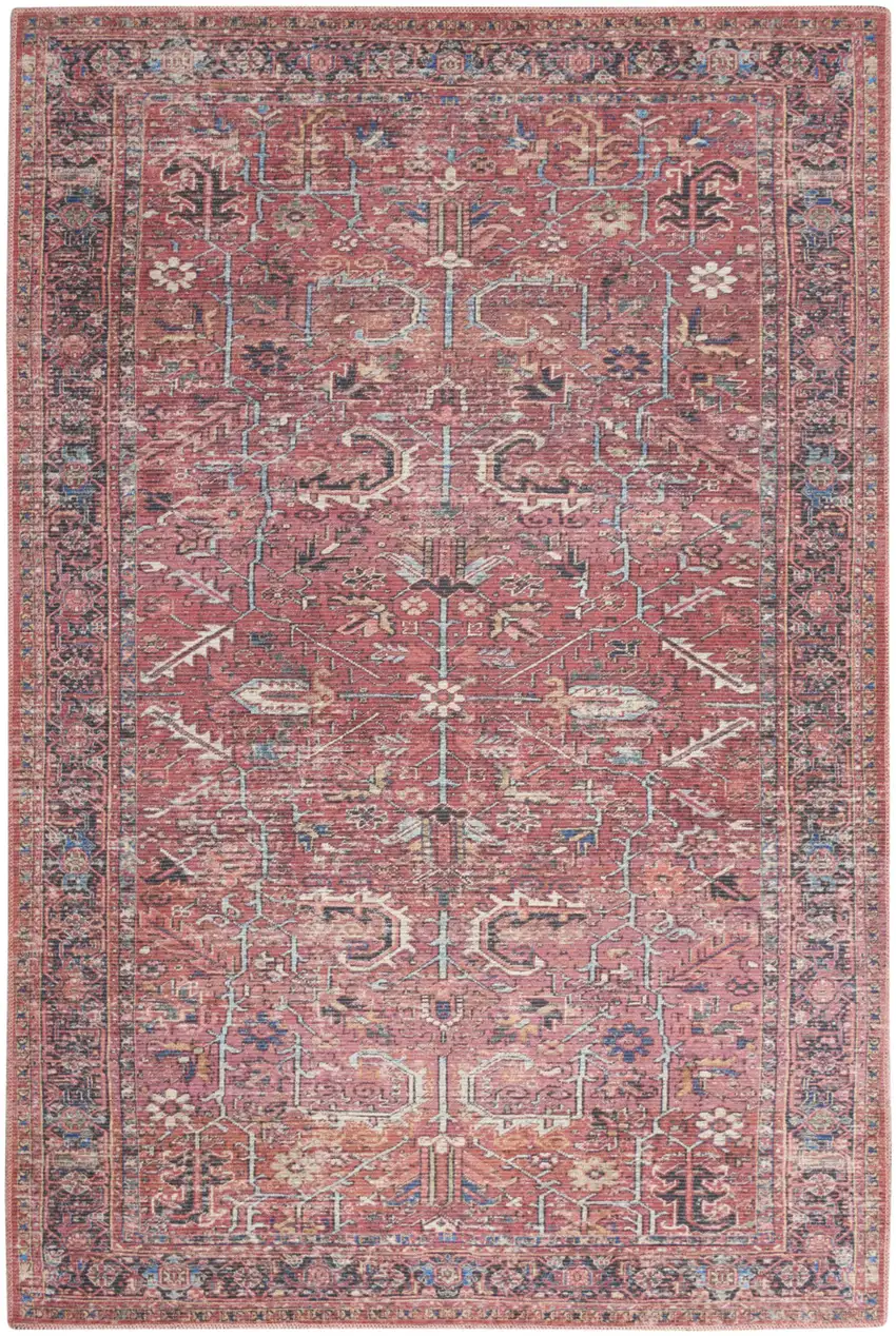 Red Floral Power Loom Distressed Area Rug Photo 1