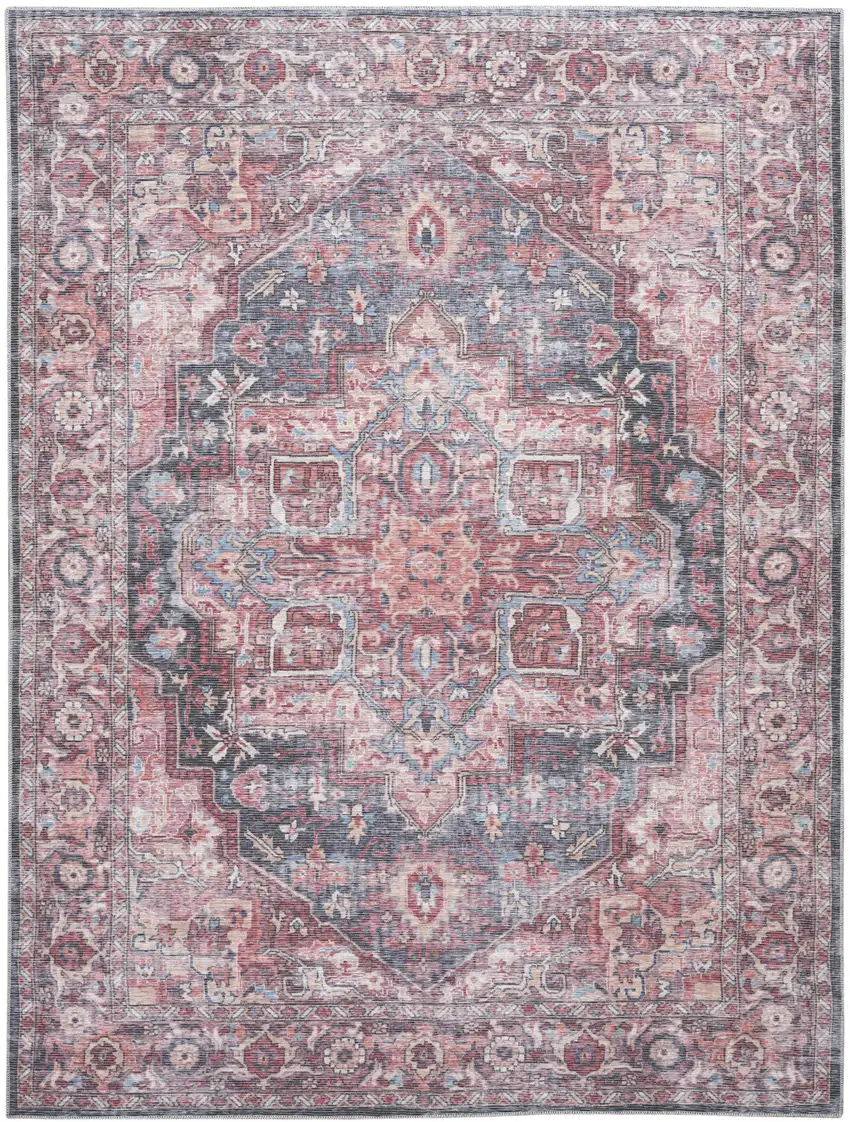 Red Floral Power Loom Distressed Washable Area Rug Photo 9